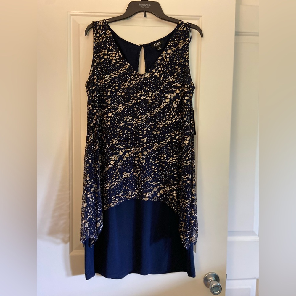 SLNY Navy & Gold Glitter Sleeveless Cocktail Dress, Women’s Size 12, New